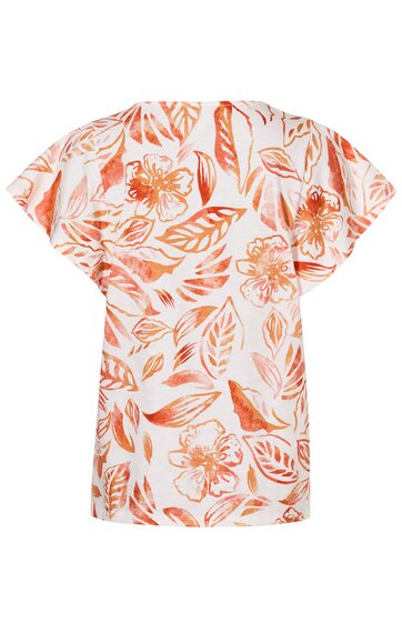 Kurzärmliges Damenoberteil in Weiß mit orangefarbenem Blumen- und Blättermuster, Rundhalsausschnitt, lockere Form, gerade geschnitten