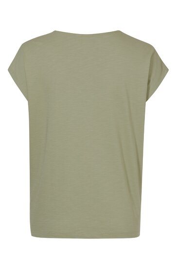Kurzärmliges T-Shirt in hellem Olivgrün, ohne Muster, rundhalsig, lockere Passform, flach liegender Kragen, Rückansicht