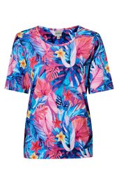 Shirt in leuchtendem Blau mit pinken, roten und weißen tropischen Blumen und Blättern, Rundhalsausschnitt, kurze Ärmel, gerade Form