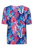 T-Shirt in kräftigem Blau mit tropischem Blumen- und Blättermuster in Pink, Rot und Gelb, rundem Halsausschnitt, kurze Ärmel, lockere Passform