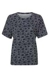Damen-T-Shirt dunkelblau mit weißem Spiralmuster, kurze Ärmel, Rundhalsausschnitt, gerade geschnitten