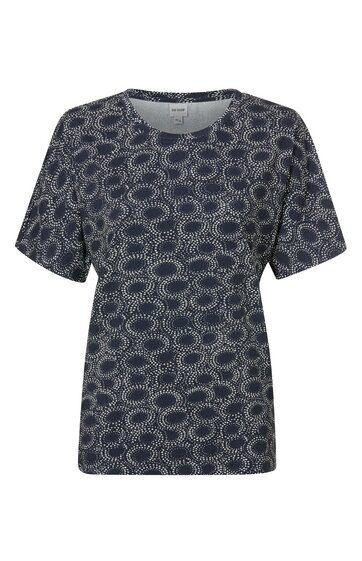 Damen-T-Shirt dunkelblau mit weißem Spiralmuster, kurze Ärmel, Rundhalsausschnitt, gerade geschnitten