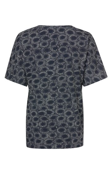 Dunkelblaues T-Shirt mit weißen ovalen Mustern, Rundhalsausschnitt, kurze Ärmel, gerade Form, ohne sichtbare Verschlüsse