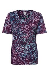 Kurzärmeliges Damen-T-Shirt in dunkellila mit hellblauem, geschwungenem Blumenrankenmuster, rundem Halsausschnitt, gerade Passform