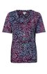 Kurzärmeliges Damen-T-Shirt in dunkellila mit hellblauem, geschwungenem Blumenrankenmuster, rundem Halsausschnitt, gerade Passform