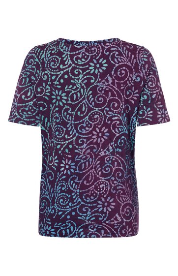 Kurzärmeliges T-Shirt in dunklem Violett mit hellblauem floralen Rankenmuster, Rundhalsausschnitt, gerade geschnitten