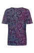 Kurzärmeliges T-Shirt in dunklem Violett mit hellblauem floralen Rankenmuster, Rundhalsausschnitt, gerade geschnitten