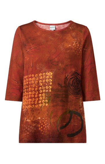 Shirt für Damen, rostrot mit orangefarbenen und braunen Mustern, abstrakte und geometrische Drucke, Rundhalsausschnitt, 3/4-Ärmel, gerade geschnitten