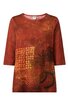 Shirt für Damen, rostrot mit orangefarbenen und braunen Mustern, abstrakte und geometrische Drucke, Rundhalsausschnitt, 3/4-Ärmel, gerade geschnitten