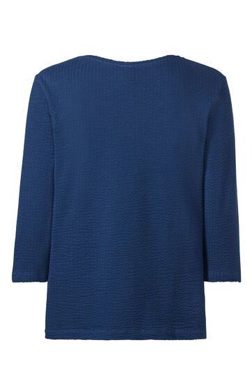 Dunkelblaues Shirt mit 3/4-Ärmeln, gerade geschnitten, rundem Halsausschnitt, strukturierter Stoff