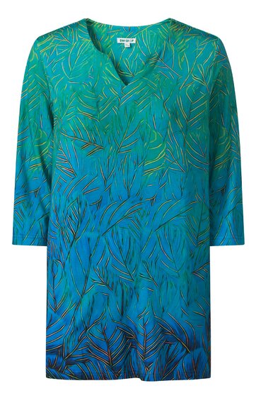 Türkisfarbenes Tunika-Kleid mit grünem und schwarzem Blattmuster, V-Ausschnitt, 3/4-Ärmel, gerade geschnitten, knielang