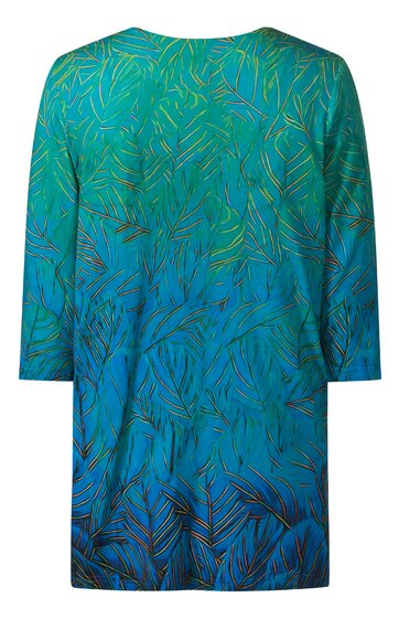 Knielanger Damenpullover in türkis mit dunkelblauem und gelbem Blattmuster, rundhals, lange Ärmel, gerade geschnitten