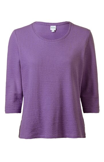 Lila Damenpullover mit 3/4-Ärmeln, Rundhalsausschnitt, geradem Schnitt, fein strukturiertes Strickmuster