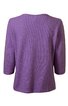 Lila Damenpullover mit strukturierter Oberfläche, Rundhalsausschnitt, 3/4-langen Ärmeln, gerader Saum, unifarben, von hinten gezeigt