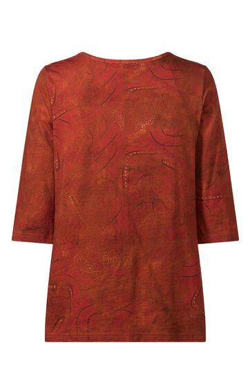 Rotes Damenoberteil mit dreiviertelÄrmeln, Rundhalsausschnitt, lockere Passform, abstraktes Ton-in-Ton Muster, gerade geschnitten