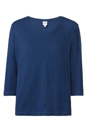 Dunkelblaues Langarmshirt mit Rundhalsausschnitt, leicht strukturierter Stoff, gerade geschnitten, schlichte Optik ohne Muster