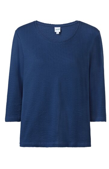 Dunkelblaues Langarmshirt mit Rundhalsausschnitt, leicht strukturierter Stoff, gerade geschnitten, schlichte Optik ohne Muster