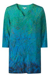 Türkisfarbenes Tunika-Kleid mit grünem und schwarzem Blattmuster, V-Ausschnitt, 3/4-Ärmel, gerade geschnitten, knielang