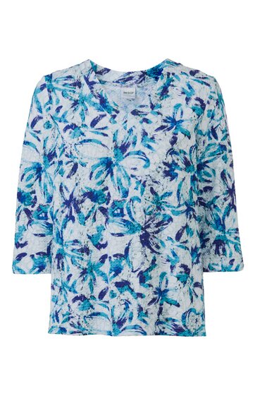 Damen-Shirt in Hellgrau mit blau-grünem Blättermuster, Rundhalsausschnitt, 3/4-lange Ärmel, gerade geschnitten