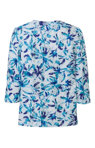 Bluse mit floralem Muster in Blau- und Türkistönen auf weißem Hintergrund, 3/4-lange Ärmel, Rundhalsausschnitt, gerade geschnitten