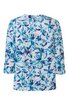 Bluse mit floralem Muster in Blau- und Türkistönen auf weißem Hintergrund, 3/4-lange Ärmel, Rundhalsausschnitt, gerade geschnitten