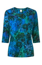 Shirt für Damen, türkis-blau-grünes Blumenmuster, Rundhalsausschnitt, 3/4-lange Ärmel, gerade Form