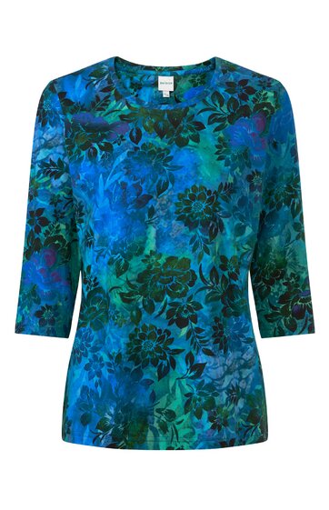 Shirt für Damen, türkis-blau-grünes Blumenmuster, Rundhalsausschnitt, 3/4-lange Ärmel, gerade Form