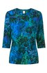 Shirt für Damen, türkis-blau-grünes Blumenmuster, Rundhalsausschnitt, 3/4-lange Ärmel, gerade Form