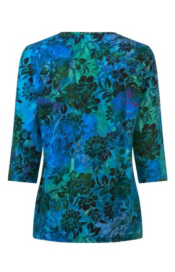 Damenbluse in Blau mit schwarzem floralem Muster, 3/4-Ärmel, rundem Ausschnitt, gerade geschnittener Saum