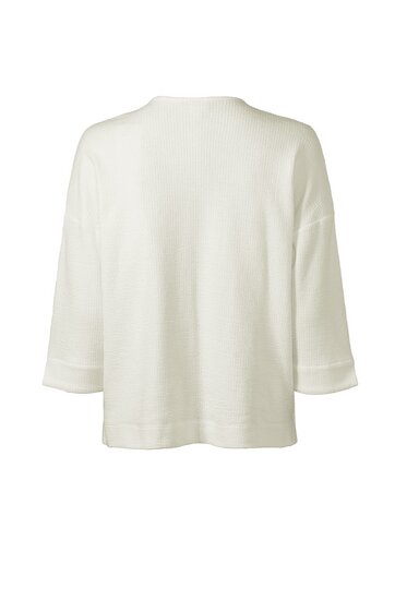 Weißes langärmeliges Oberteil, unifarben, lockere Passform, Rundhalsausschnitt, weite Ärmelenden, gerade geschnitten