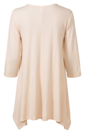 Beige Langarmshirt ohne Muster, lockere Passform, hinten länger geschnitten, Rundhalsausschnitt, 3/4-lange Ärmel