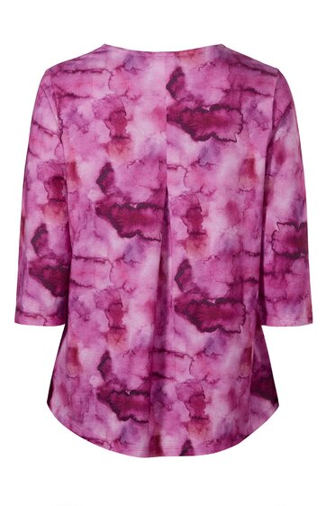 Damenoberteil in pink und dunkelpink mit abstraktem Muster, 3/4-lange Ärmel, Rundhalsausschnitt, leicht länger geschnitten, hinten länger als vorne