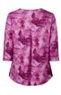 Damenoberteil in pink und dunkelpink mit abstraktem Muster, 3/4-lange Ärmel, Rundhalsausschnitt, leicht länger geschnitten, hinten länger als vorne