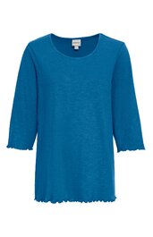 Langärmliges T-Shirt in königsblau, schlicht ohne Muster, Rundhalsausschnitt, kleine Rüschen an Ärmelenden und Saum, gerade geschnitten