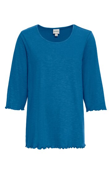 Langärmliges T-Shirt in königsblau, schlicht ohne Muster, Rundhalsausschnitt, kleine Rüschen an Ärmelenden und Saum, gerade geschnitten