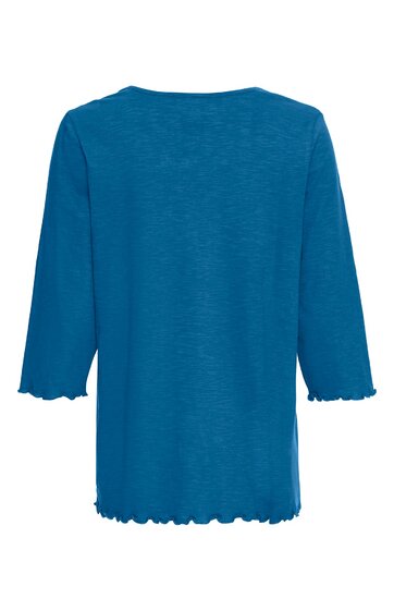 Damenpullover in petrolblau, längere Ärmel, Abschlussränder leicht wellig, Rundhalsausschnitt, locker geschnitten