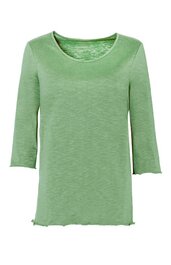 Hellgrünes Damenlangarmshirt, unifarben, Rundhalsausschnitt, leicht strukturierter Stoff, gerade geschnitten, mit leicht gekräuseltem Saum an Ärmeln und Bund
