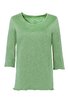 Hellgrünes Damenlangarmshirt, unifarben, Rundhalsausschnitt, leicht strukturierter Stoff, gerade geschnitten, mit leicht gekräuseltem Saum an Ärmeln und Bund