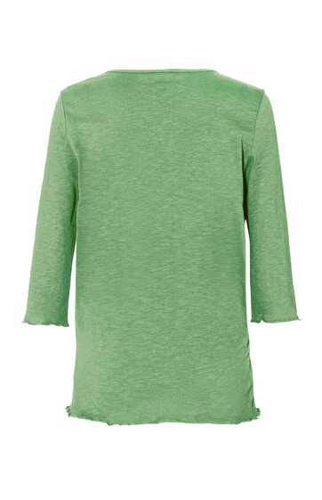 Langarmshirt hellgrün einfarbig, Rundhalsausschnitt, gerader Saumabschluss, leicht strukturierter Stoff, ohne sichtbare Verzierungen