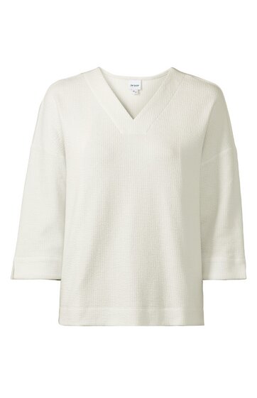 Weißes Langarmshirt mit V-Ausschnitt, gerade geschnitten, ohne Muster, ohne sichtbare Verzierungen