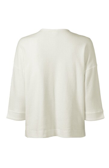 Weißes langärmeliges Oberteil, unifarben, lockere Passform, Rundhalsausschnitt, weite Ärmelenden, gerade geschnitten