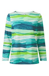 Langärmeliges Damenoberteil, dominant grün und türkis mit abstraktem Streifenmuster in Weiß und verschiedenen Blautönen, rundhalsausschnitt, gerade geschnitten
