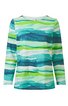 Langärmeliges Damenoberteil, dominant grün und türkis mit abstraktem Streifenmuster in Weiß und verschiedenen Blautönen, rundhalsausschnitt, gerade geschnitten