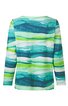 Langärmliges Shirt in Blau- und Grüntönen mit aquarellähnlichem Streifenmuster, rundem Ausschnitt, gerade geschnitten