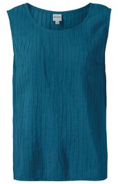 Ärmelloses, blaues Tanktop mit feiner Längsriffelstruktur, weiter Rundhalsausschnitt, gerade geschnitten