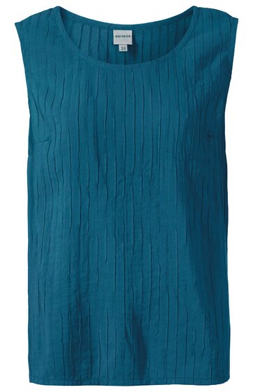 Ärmelloses, blaues Tanktop mit feiner Längsriffelstruktur, weiter Rundhalsausschnitt, gerade geschnitten