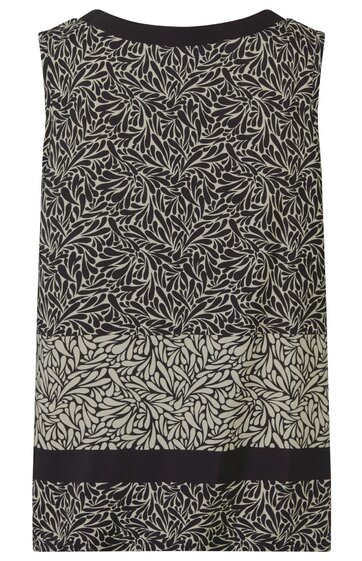 Ärmelloses Oberteil in Schwarz und Weiß mit floralem Muster, Rundhalsausschnitt, gerade geschnitten, unteres Drittel separater Bereich mit ähnlichem Muster, schwarzer Abschlussstreifen unterhalb des Musters
