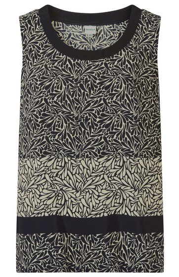 Ärmelloses Top in Schwarz und Beige mit Blattmuster, Rundhalsausschnitt, gerade geschnitten