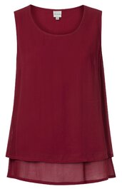 Ärmelloses Top in bordeauxrot, doppellagiger Saum mit transparenter unterer Lage, rundhals, gerade geschnitten, ohne Muster oder Verzierungen