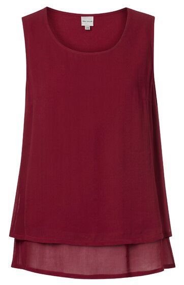 Ärmelloses Top in bordeauxrot, doppellagiger Saum mit transparenter unterer Lage, rundhals, gerade geschnitten, ohne Muster oder Verzierungen